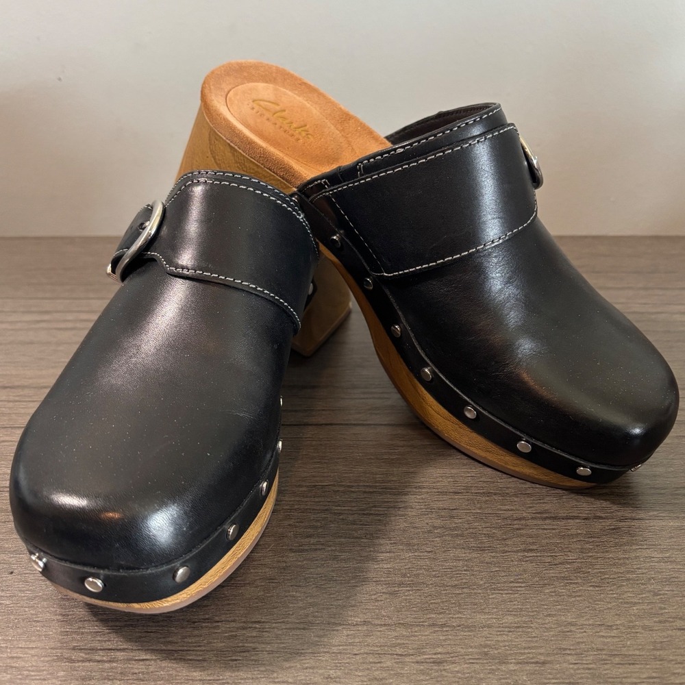 NIB Clarks Sivanne Sun Black Leather Block Heel Pumps Shoes Size 8 W